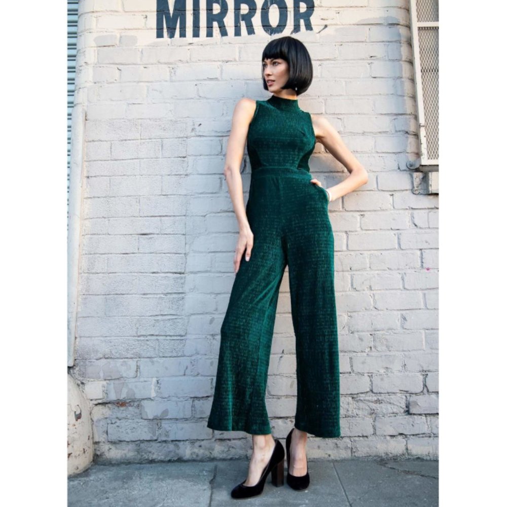 Eva Franco Green Velvet Mock Neck Jumpsuit